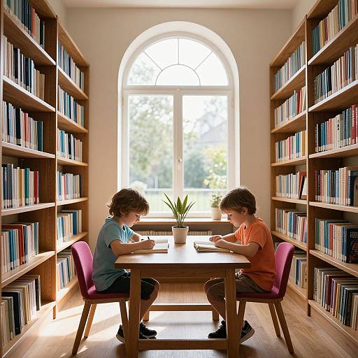 Photograph of two boys with curly hair, one in blue shirt, one in orange, studying at a wooden table in a sunlit library with tall