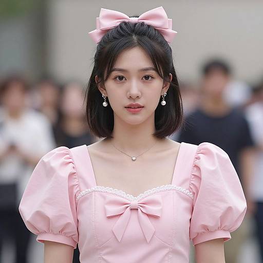 Photograph of an East Asian woman with straight black hair, wearing a pink, puffed-sleeve dress with a bow, and a matching bow