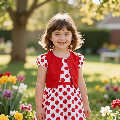 Photograph of a smiling young girl with shoulder-length brown hair wearing a red and white polka dot dress, standing in a sunlit garden with colorful
