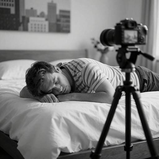 Relaxed Man on Bed with Cityscape