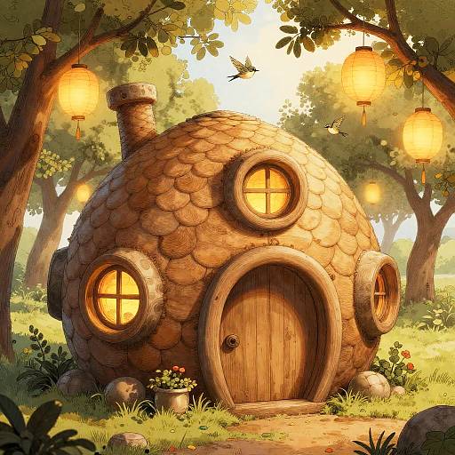Whimsical, stone-roundhouse cottage with circular windows and door in a sunlit, enchanted forest, illuminated by hanging lanterns. Digital art style