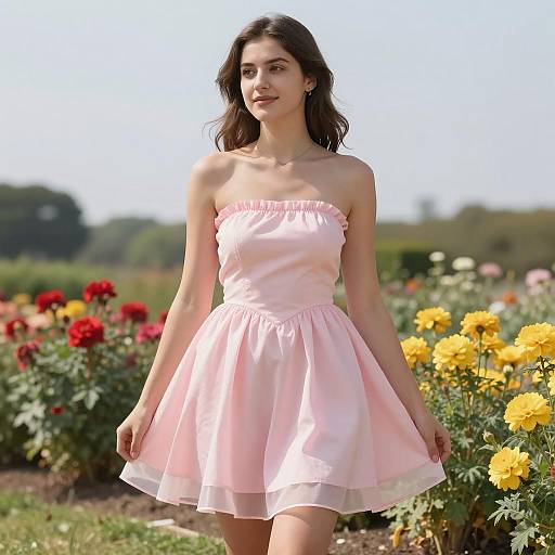 Young Woman in Pink Strapless Dress in Flower Garden
