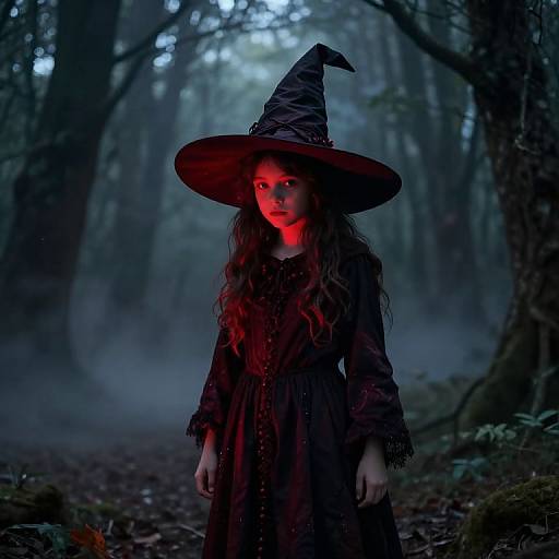Photograph of a young woman with long brown hair, wearing a dark witch hat and dress, standing in a misty, blue-lit forest with
