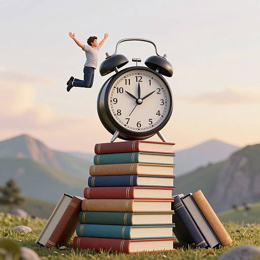 Photograph: Man in white shirt and blue jeans joyfully leaps over a stack of colorful books topped with a black alarm clock against a mountainous backdrop