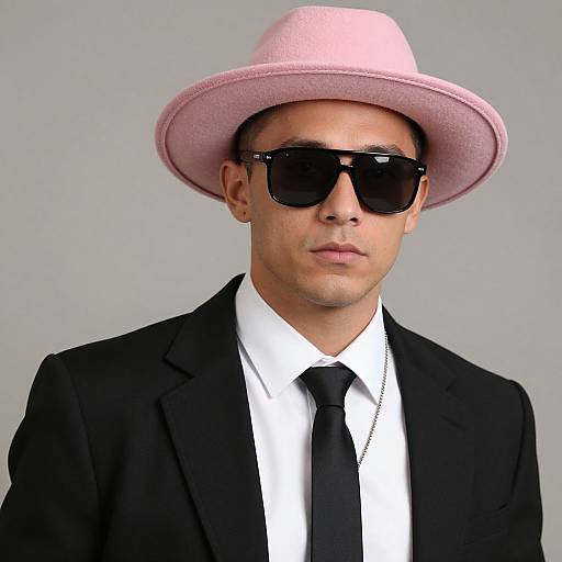 Photograph of a man with light skin, wearing a pink hat, black sunglasses, black suit, white shirt, black tie, and necklace, against