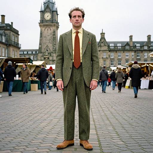 Photograph of a man in a green tweed suit, brown shoes, and red tie standing in a busy, cobblestone town square with historic