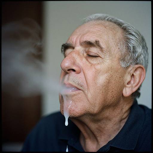 Photograph of an elderly man with gray hair, closed eyes, and drooling, with smoke and white liquid on his chin, wearing a black shirt