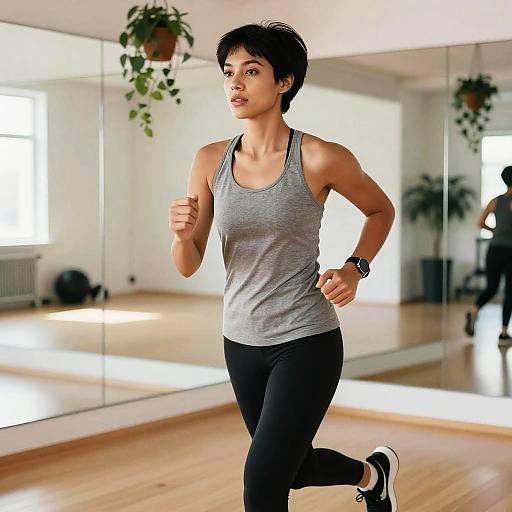 Photograph of an athletic Asian woman with short black hair, wearing a gray tank top and black leggings, running in a bright, mirrored dance studio with