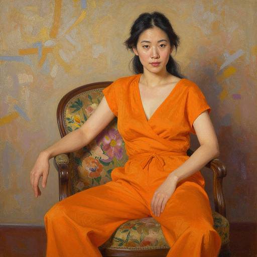 Woman in Vibrant Orange on Floral Chair