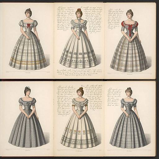 Vintage fashion illustration: Four women in 19th-century plaid dresses, varying necklines and sleeves, standing against a white background. Text descriptions accompany