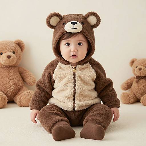 Photograph of a baby with light skin, brown bear hooded onesie, sitting between two brown teddy bears, white background.