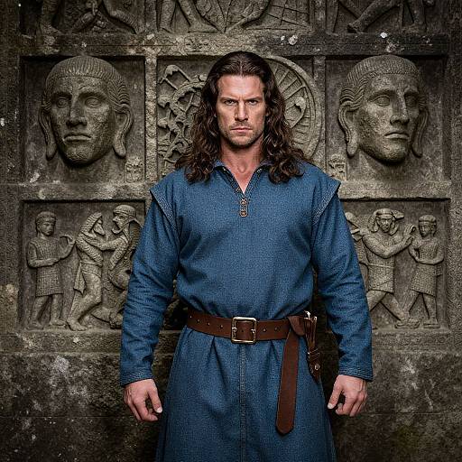 Photograph of a muscular, serious-looking man with long brown hair, wearing a blue medieval tunic and brown belt, standing in front of an ancient