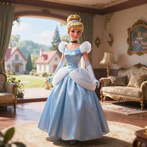 Digital art of a blonde princess in a blue ball gown with white puffed sleeves, black choker, and gloves, standing in a sunlit,