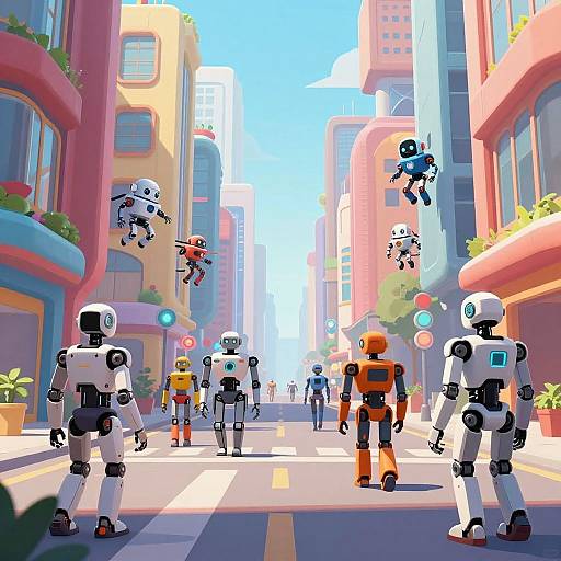 Digital artwork of a vibrant city street featuring colorful, pixelated robots of various designs, flying and walking amidst tall, curved buildings with windows and potted