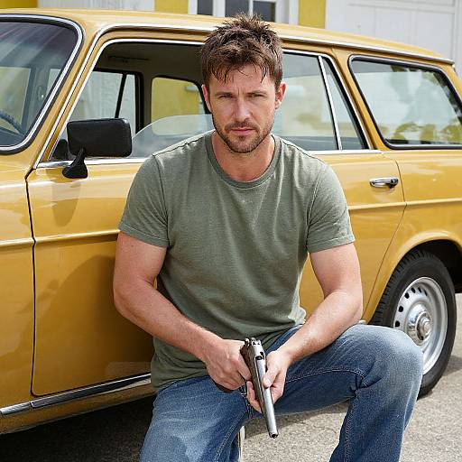 Photograph of a rugged, bearded man with short brown hair, wearing a green t-shirt and blue jeans, sitting in front of a yellow car