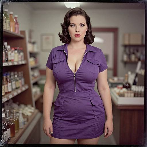 Photograph of a curvy, fair-skinned woman with dark wavy hair, wearing a tight, purple, zip-up dress, standing in a