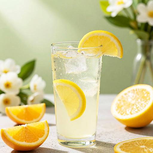 Photograph of a clear glass filled with lemon slices, water, and a lemon wedge, surrounded by whole and halved lemons, with white flowers