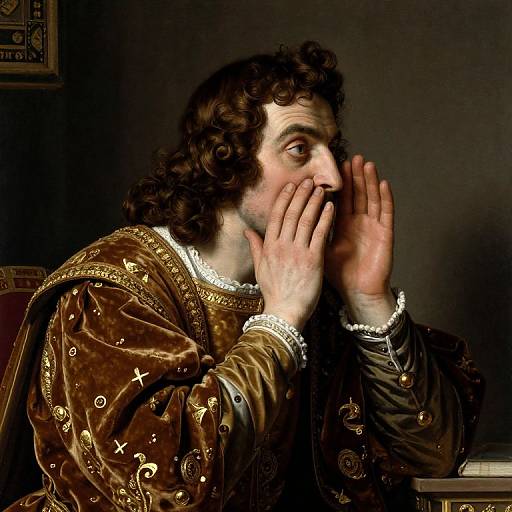 Photorealistic digital painting of a curly-haired, medieval man with fair skin, wearing an ornate brown velvet robe, covering his mouth in surprise or