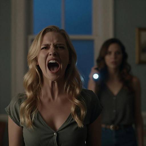 Screaming blonde woman with intense expression indoors