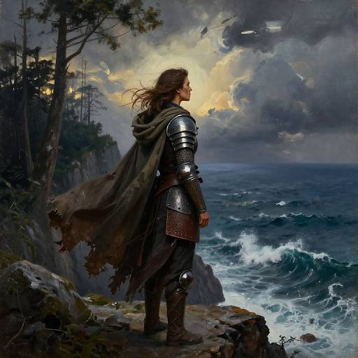 Digital painting of a lone, armored warrior with flowing hair, standing on a rocky cliff, gazing at a stormy ocean at sunset.