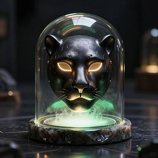 Photograph of a glowing, black panther face with yellow eyes under a clear dome, illuminated by a green light, on a dark, reflective surface