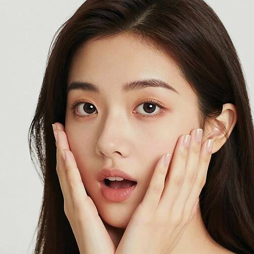 Photograph of an Asian woman with long black hair, fair skin, wide brown eyes, and pink lips, hands on cheeks, mouth slightly open,
