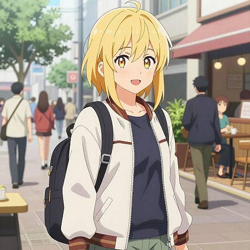 Anime-style drawing of a cheerful blonde girl with yellow eyes, wearing a white jacket, black shirt, and green pants, standing on a sunny street with