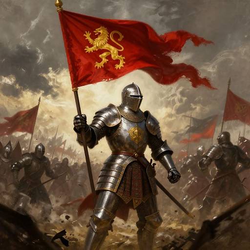 Digital painting of a knight in silver armor holding a red flag with a golden lion, leading an army in a stormy, chaotic battlefield.