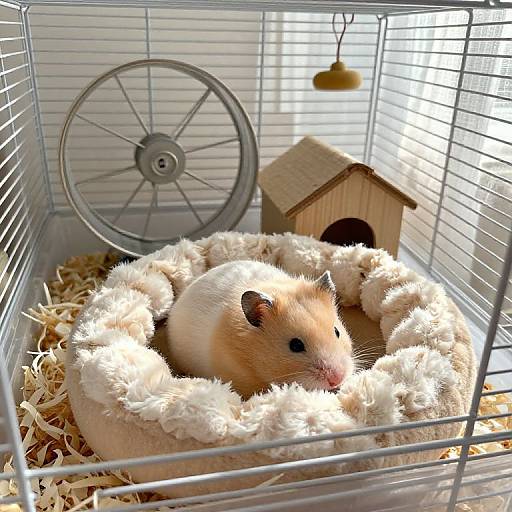 Photograph of a fluffy light-brown hamster in a wire cage, sleeping in a white, fluffy bed with hay and a wooden house and wheel