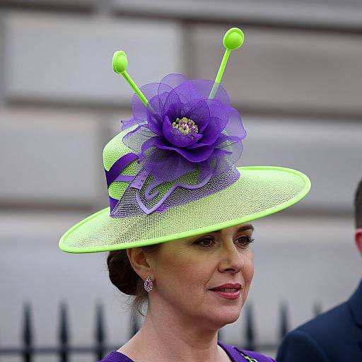 Photograph of a woman with fair skin, dark hair in an updo, wearing a vibrant neon green hat with purple tulle, a large purple