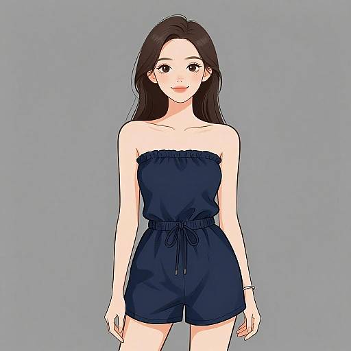 Smiling Woman in Navy Blue Strapless Romper