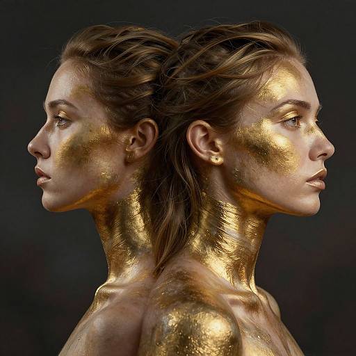 Photograph of a woman with dual profiles, gold metallic face and neck paint, dark background, brown hair, intense gaze.