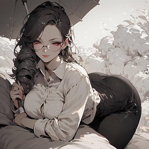 Smug Drill-Haired Anime Woman with Parasol