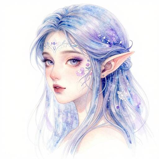 Digital watercolor portrait of a beautiful, ethereal elf with long, silver-blue hair, pointed ears, and delicate facial markings, gazing softly.