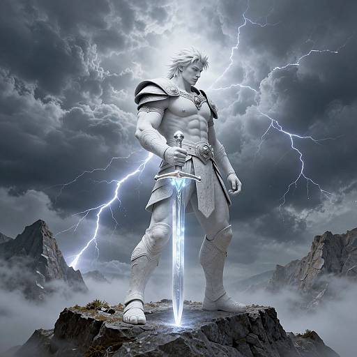 Digital artwork of a muscular, armored warrior with white hair, standing on a rocky peak, holding a glowing sword, surrounded by lightning and dark clouds,