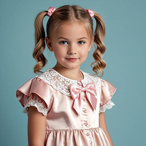 Young Girl in Pink Satin Dress with Pigtails