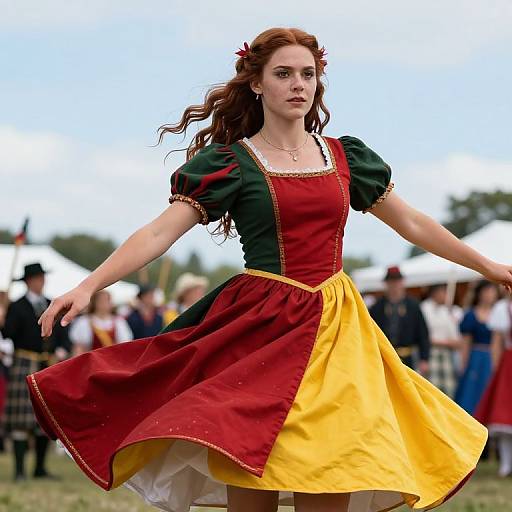 Photograph of a red-haired woman in a green and red puffed-sleeve dress with a yellow skirt, dancing outdoors with a blurred crowd in