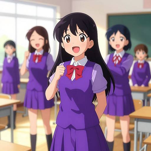 Cheerful Anime Girls in Purple Uniforms
