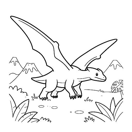 Black and white line drawing of a small, winged dinosaur with large wings and claws, standing in a grassy, mountainous landscape.