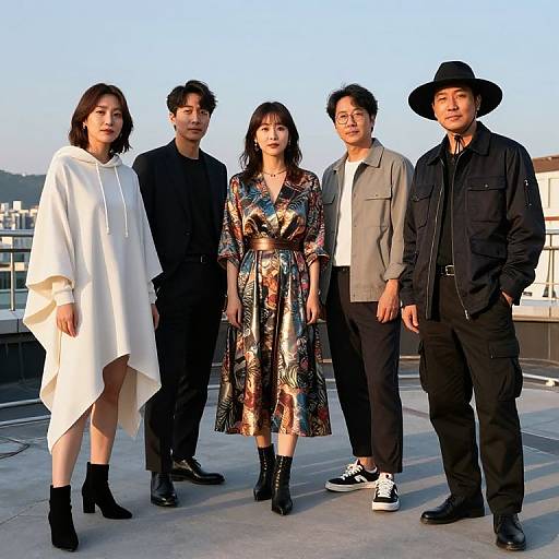 Photograph of five Asian individuals on a rooftop at sunset. The woman on the left wears a white wrap dress, the center woman has a colorful floral