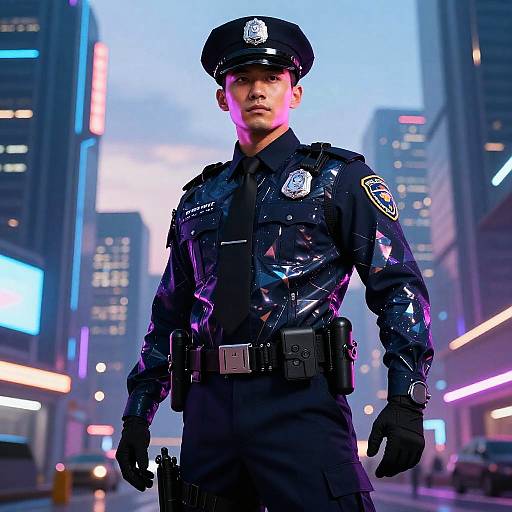 Photorealistic CGI of a stern male police officer in a glossy black uniform standing in a neon-lit, futuristic urban cityscape at dusk.