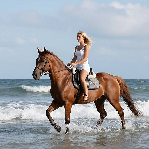 Photograph of a blonde woman in a white tank top riding a brown horse through shallow ocean waves under a blue sky.