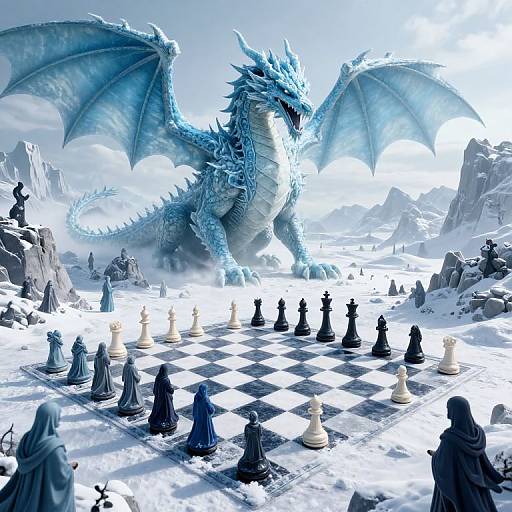 Ice-Blue Dragon Over Surreal Chessboard