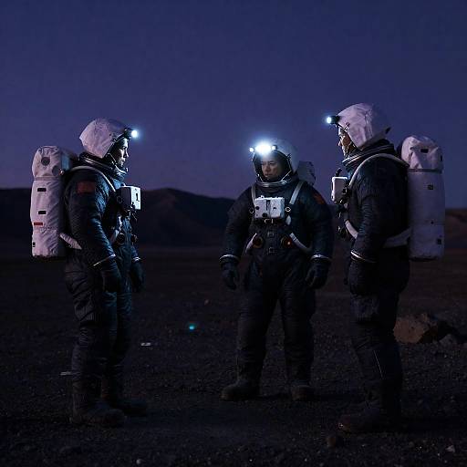 Astronauts Exploring Rocky Planet at Twilight