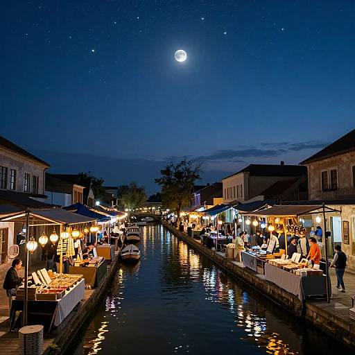 Photograph of a nighttime canal market with illuminated stalls, full moon, stars, and reflections in the water, surrounded by historic buildings.