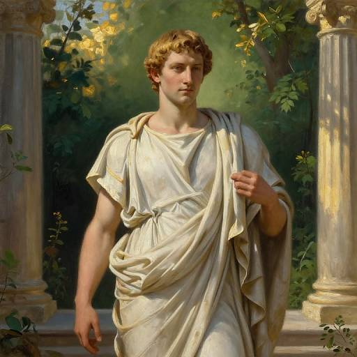 Classical oil painting of a young, handsome man with curly blond hair, wearing a draped white toga, standing between two stone columns in a lush