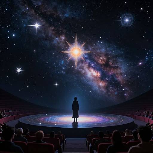 Photograph of a silhouetted person standing on a glowing circular stage, surrounded by a starry, cosmic backdrop with bright sun and galaxy,