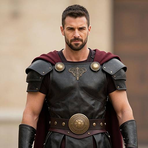 Photograph of a muscular, bearded man with short dark hair, wearing black leather armor with gold embellishments, red cape, and black gloves,