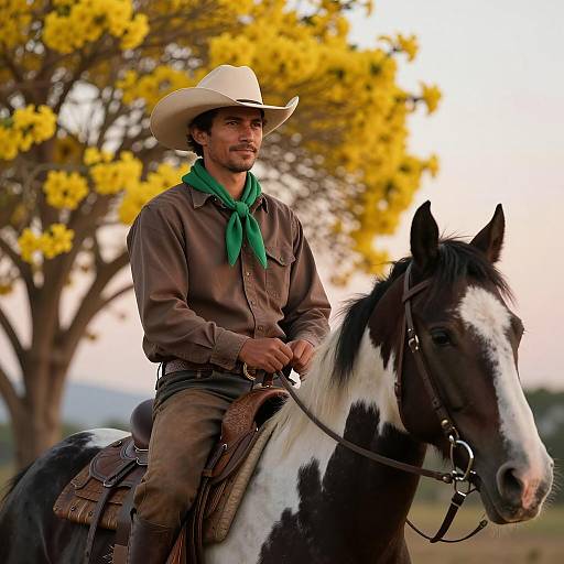 Cowboy on Black and White Horse with Yellow Blossoms