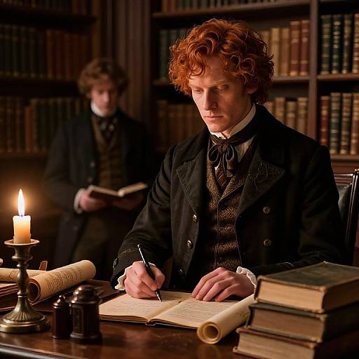 Photograph of a red-haired man with curly hair, dressed in 19th-century attire, writing in a dimly lit library, candlelit,